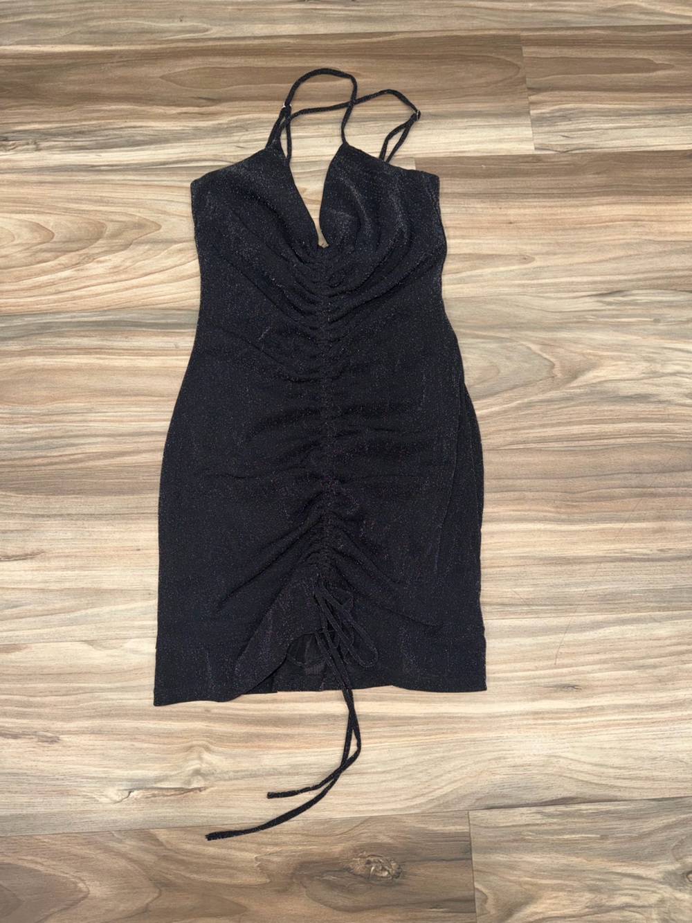 Lulu's Black Shimmery Ruched Bodycon Dress
